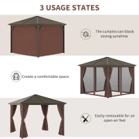 Outsunny 10' x 10' Hardtop Gazebo with Curtains and Netting, Permanent Pavilion Metal Single Roof Gazebo Canopy with Aluminum Frame and Hooks, for Garden, Patio, Backyard, Dark Brown(m-5)