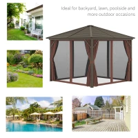 Outsunny 10' x 10' Hardtop Gazebo with Curtains and Netting, Permanent Pavilion Metal Single Roof Gazebo Canopy with Aluminum Frame and Hooks, for Garden, Patio, Backyard, Dark Brown(m-6)