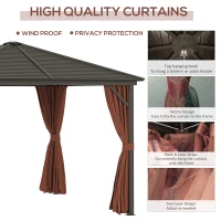 Outsunny 10' x 10' Hardtop Gazebo with Curtains and Netting, Permanent Pavilion Metal Single Roof Gazebo Canopy with Aluminum Frame and Hooks, for Garden, Patio, Backyard, Dark Brown(m-4)