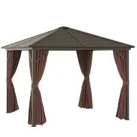Outsunny 10' x 10' Hardtop Gazebo with Curtains and Netting, Permanent Pavilion Metal Single Roof Gazebo Canopy with Aluminum Frame and Hooks, for Garden, Patio, Backyard, Dark Brown(m-1)