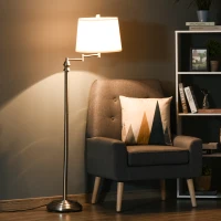 HOMCOM Standing Floor Lamp Tall Pole Light with Shade, Metal Round Base Adjustable Support Pole, E26 Bulb Base, for Bedroom, Living Room, Office, Silver/Beige(m-2)
