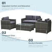 Outsunny Outdoor Patio Rattan Wicker Sofa Set w/ Glass Coffee Table - Grey(m-4)