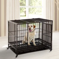 PawHut 42" Heavy Duty Dog Crate Metal Cage Kennel with Lockable Wheels, Double Door and Removable Tray, Brown(m-15)