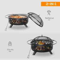 Outsunny 2-in-1 Outdoor Fire Pit with BBQ Cooking Grill, Round Firepit Bowl with Spark Screen Cover, Poker for Backyard Bonfire(m-4)