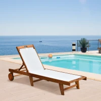 Outsunny Mesh Acacia Wood Adjustable Outdoor Sun Lounger with Wheels(m-9)