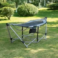 Outsunny Foldable Outdoor Hammock with Stand, Portable Hammock Bed with Carrying Bag and Pocket for Travel, Beach, Backyard, Patio, Hiking, Dark Grey(m-1)