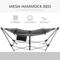 Outsunny Foldable Outdoor Hammock with Stand, Portable Hammock Bed with Carrying Bag and Pocket for Travel, Beach, Backyard, Patio, Hiking, Dark Grey(m-4)