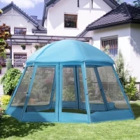 Outsunny 16.1' Hexagon Shape Screen House, Canopy Shelter Gazebo Camping Outdoor Instant Setup Mesh Tent Fits 6-8 People w/ Carry Bag & Ground Stakes, Blue(m-1)