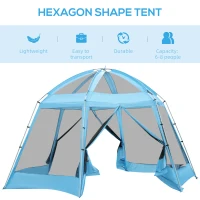 Outsunny 16.1' Hexagon Shape Screen House, Canopy Shelter Gazebo Camping Outdoor Instant Setup Mesh Tent Fits 6-8 People w/ Carry Bag & Ground Stakes, Blue(m-7)