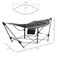Outsunny Foldable Outdoor Hammock with Stand, Portable Hammock Bed with Carrying Bag and Pocket for Travel, Beach, Backyard, Patio, Hiking, Dark Grey(m-3)