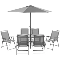 Outsunny 8 Piece Patio Dining Set with Table Umbrella, 6 Folding Chairs and Rectangle Dining Table, Outdoor Patio Furniture Set, Grey(m-2)