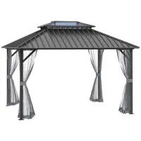 Outsunny 10' x 12' Hardtop Gazebo Canopy with Galvanized Steel Double Roof, Skylight Window, Aluminum Frame, Outdoor Permanent Pavilion with Netting, for Patio, Garden, Backyard, Black(m-1)