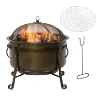 Outsunny 30" Outdoor Fire Pit Grill, Portable Steel Wood Burning Bowl, Cooking Grate, Poker, Spark Screen Lid for Patio, Backyard, BBQ, Camping, Bronze Colored(m-1)