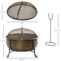 Outsunny Outdoor Fire Pit with Grill Cooking Grate, Cover, Fire Poker for Patio(m-3)