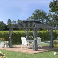 Outsunny 10' x 12' Hardtop Gazebo Canopy with Galvanized Steel Double Roof, Skylight Window, Aluminum Frame, Outdoor Permanent Pavilion with Netting, for Patio, Garden, Backyard, Black(m-2)