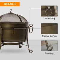 Outsunny 30" Outdoor Fire Pit Grill, Portable Steel Wood Burning Bowl, Cooking Grate, Poker, Spark Screen Lid for Patio, Backyard, BBQ, Camping, Bronze Colored(m-6)