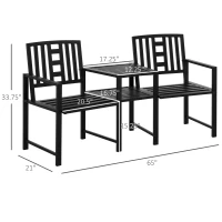 Outsunny Tete-a-Tete Garden Bench with Center Table, Metal Frame, Outdoor 2-Person Loveseat with Armrest for Patio Backyard Porch Black(m-3)