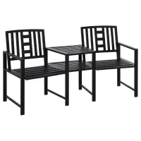 Outsunny Tete-a-Tete Garden Bench with Center Table, Metal Frame, Outdoor 2-Person Loveseat with Armrest for Patio Backyard Porch Black(m-1)