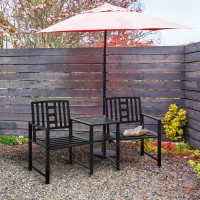 Outsunny Tete-a-Tete Garden Bench with Center Table, Metal Frame, Outdoor 2-Person Loveseat with Armrest for Patio Backyard Porch Black(m-2)