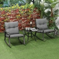 Outsunny 3 Pieces Patio Wicker Rocking Chairs Table Set, Outdoor PE Rattan Furniture with 2 Rockers & 1 Coffee Table w/ Padded Cushions for Deck, Backyard, Garden, Dark Grey(m-1)
