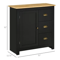 HOMCOM Modern Kitchen Cabinet, Storage Sideboard, Buffet Table with Rubberwood Top, 3 Drawers and Cabinet with Adjustable Shelf, Black(m-3)