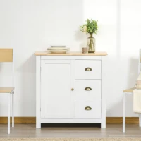 HOMCOM Modern Kitchen Cabinet, Storage Sideboard, Buffet Table with Rubberwood Top, 3 Drawers and Cabinet with Adjustable Shelf, White(m-7)