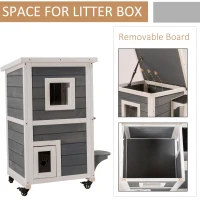 PawHut Outdoor Cat House 2-Floor Wooden Feral Cat Shelter with Universal Wheels, Escape Door and Openable Asphalt Roof, Gray(m-7)