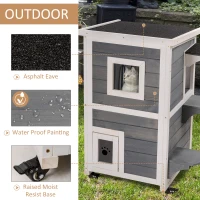 PawHut Outdoor Cat House 2-Floor Wooden Feral Cat Shelter with Universal Wheels, Escape Door and Openable Asphalt Roof, Gray(m-5)