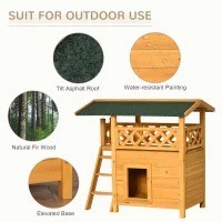 PawHut Outdoor Cat House, 2-Story Shelter for Feral Cats, Wooden Kitten Condo with Asphalt Roof, Stairs, Balcony, 30"x20"x29", Natural(m-5)