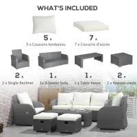 Outsunny 6-Piece Outdoor Rattan Patio Sectional Sofa Set with 3-Seat Couch, 2 Recliners, 2 Ottoman Footrests, & Coffee Table Conversation Set, Cream White(m-7)
