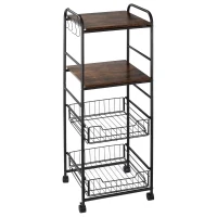 HOMCOM Kitchen Cart with Storage, 16"W Slim Rolling Cart, 4 Tier Kitchen Shelves on Wheels with Side Racks, 2 Basket for Fruit Vegetable, Utility Cart for Narrow Space, Laundry, Rustic Brown(m-1)