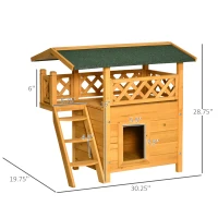 PawHut Outdoor Cat House, 2-Story Shelter for Feral Cats, Wooden Kitten Condo with Asphalt Roof, Stairs, Balcony, 30"x20"x29", Natural(m-3)