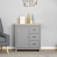 HOMCOM Modern Kitchen Cabinet, Storage Sideboard, Buffet Table with Rubberwood Top, 3 Drawers and Cabinet with Adjustable Shelf, Grey(m-7)