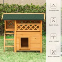 PawHut Outdoor Cat House, 2-Story Shelter for Feral Cats, Wooden Kitten Condo with Asphalt Roof, Stairs, Balcony, 30"x20"x29", Natural(m-6)