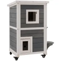 PawHut Outdoor Cat House 2-Floor Wooden Feral Cat Shelter with Universal Wheels, Escape Door and Openable Asphalt Roof, Gray(m-1)