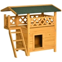 PawHut Outdoor Cat House, 2-Story Shelter for Feral Cats, Wooden Kitten Condo with Asphalt Roof, Stairs, Balcony, 30"x20"x29", Natural(m-1)