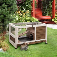 PawHut Indoor Rabbit Enclosure, on Wheels, Indoor Bunny Cage Small Animal House with Pull Out Tray Casters Ramp, 35.5" x 21" x 23", Brown(m-2)