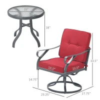 Outsunny 3 Pieces Outdoor Bistro Set, 2 Swivel Rocker Chairs and 1 Round Tempered Glass Table with Cushion, Red(m-3)