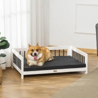 PawHut Wood Dog Bed with Supportive Cushion, Elevated Dog Bed with Removable Cushion Cover, Cute Dog Bed Frame with Pine Wood, Black and White Dog Bed(m-2)