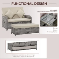 Outsunny Rattan Patio Daybed with Cushions, Outdoor Wicker Lounger with Loveseat, Storage Ottoman, Coffee & Side Tables, Gray(m-3)