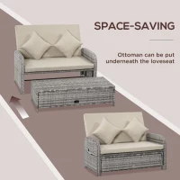 Outsunny Rattan Patio Daybed with Cushions, Outdoor Wicker Lounger with Loveseat, Storage Ottoman, Coffee & Side Tables, Gray(m-7)