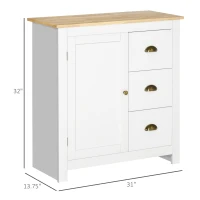 HOMCOM Modern Kitchen Cabinet, Storage Sideboard, Buffet Table with Rubberwood Top, 3 Drawers and Cabinet with Adjustable Shelf, White(m-3)