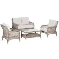 Outsunny 4pc Outdoor Patio Furniture Set, 2 Rattan Chairs, 1 PE Wicker Loveseat Sofa, 1 Center Coffee Table w/ Tempered Glass Table-Top, Soft Cushions for Garden, Cream White(m-1)