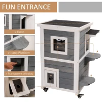 PawHut Outdoor Cat House 2-Floor Wooden Feral Cat Shelter with Universal Wheels, Escape Door and Openable Asphalt Roof, Gray(m-6)