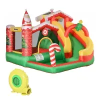 Outsunny Christmas 4-in-1 Kids Inflatable Bounce House Jumping Castle Trampoline, Pool, Slide, Climbing Wall with Christmas Tree Pattern Storage Bag & Air Blower(m-1)