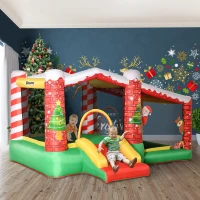 Outsunny 3-in-1 Kids Inflatable Bounce House Christmas Jumping Castle with Christmas Tree Pattern, Includes Trampoline, Pool, Slide, Carry Bag, Repair Patches and Air Blower(m-9)