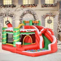Outsunny 4-in-1 Kids Inflatable Bounce House Christmas Jumping Castle with Christmas Tree Pattern, Includes Trampoline, Pool, Slide, Climbing Wall with Carry Bag, Repair Patches and Air Blower(m-9)