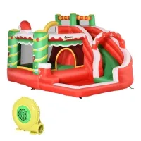 Outsunny 4-in-1 Kids Inflatable Bounce House Christmas Jumping Castle with Christmas Tree Pattern, Includes Trampoline, Pool, Slide, Climbing Wall with Carry Bag, Repair Patches and Air Blower(m-1)