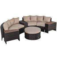 Outsunny 8 Piece Outdoor Rattan Sofa, Half Round Patio Furniture Set with Side Tables, Umbrella Hole, and Cushions, Mixed Brown and Beige(m-9)