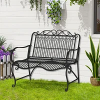 Outsunny Metal Park Bench for Front Porch, Loveseat Like 2 Person, Armrests, Steel Frame, European Antique Style Outdoor Furniture, Black(m-8)